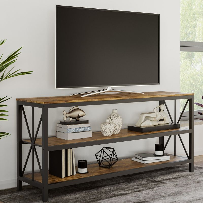 Farmhouse TV Stand – 3-Tier Open Back Entertainment Center for 70-inch Television, Barnwood Media Console Shelves, and Metal Frame by Lavish Home, 2 of 9