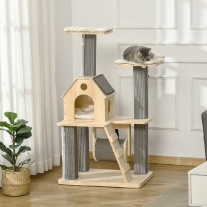 Lyngins Modern Cat Tree with Scratching Posts,Ladder,Cat Tower with Pillow-Covered Perches, Spinning Toy,Cat Condo for Indoor,Gray - 1 of 4