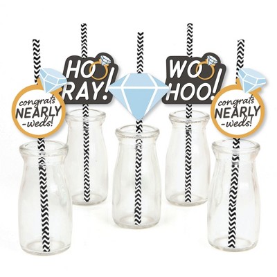 Big Dot of Happiness Just Engaged - Black and White - Paper Straw Decor - Engagement Party Striped Decorative Straws - Set of 24