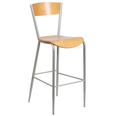 Flash Furniture Invincible Series Silver Metal Restaurant Barstool - Natural Wood Back & Seat