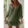 Women's Ruffle Mini Dress V Neck Smocked Flowy Sundress Loose Linen Cuffed 3/4 Sleeve Dresses - 2 of 4