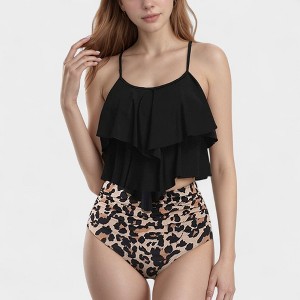 Anna-Kaci Swim Women's Tiered Ruffle Tankini Top with Adjustable Straps and High Waist Palm Tree Print Bottoms - 1 of 4