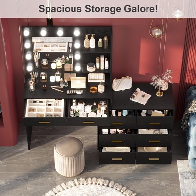 61" Makeup Vanity with Mirror & Lights - 3 Color Modes, 8 Drawers & 2 Shelves, Adjustable Brightness for Bedroom