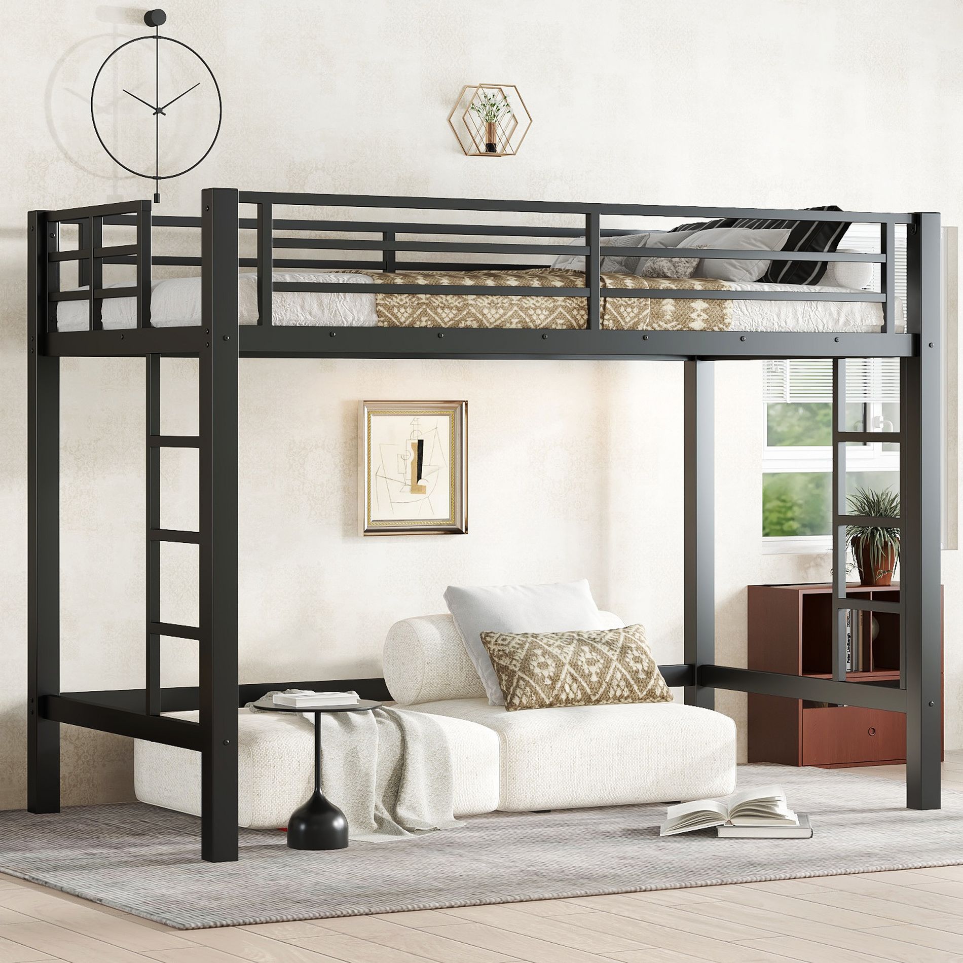 Bellemave Twin XL Metal Loft Bed with Dual Ladders & Full Guardrails, Space-Saving Loft Bed Frame for Dorms & Bedrooms, Black