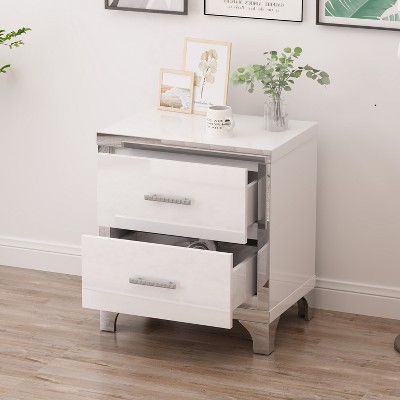 Elegant High Gloss Nightstand with Metal Handle, Mirrored Bedside Table with 2 Drawers for Bedroom & Living Room, White