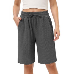 Women's Bermuda Shorts with Zipper Pockets Casual Summer Drawstring Jersey Shorts Elastic Waist Comfy Waffle Shorts - 1 of 4