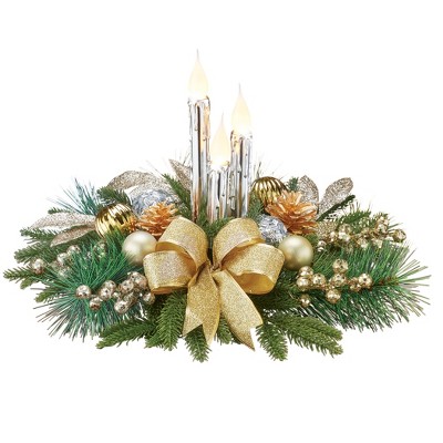 Collections Etc Elegant LED Lighted Candles Silver and Gold Floral Holiday Centerpiece