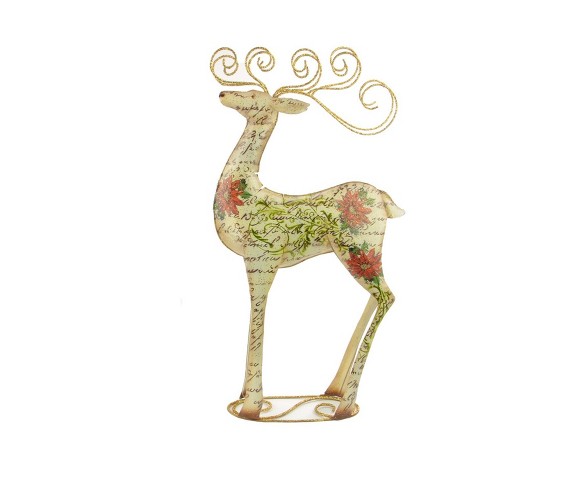 Gallerie II 17" Decorative Vintage Postcard Poinsettia Gold Giltter Reindeer Christmas Table Top Decoration
