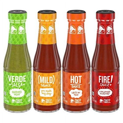 Taco Bell Glass Condiment Sauce Variety Pack, 1 Verde, 1 Mild, 1 Hot, 1 Fire