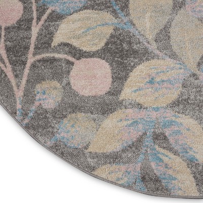 Handmade Round Grey and Beige Floral Synthetic Rug