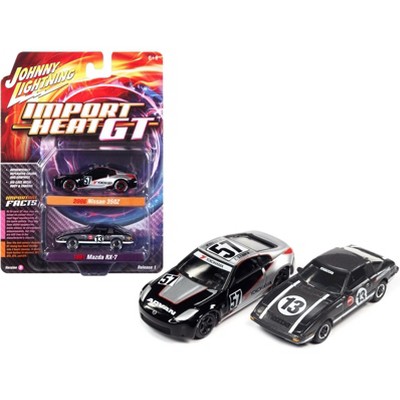 2006 Nissan 350Z #57 Black & Silver w/Graphics & 1981 Mazda RX-7 #13 Dark Silver w/Stripes 1/64 Diecast Cars by Johnny Lightning