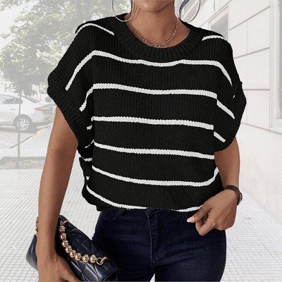 Womens Summer Short Sleeve Pullover Sweater Casual Tops Cap Sleeve Stripped Crew Neck Lightweight Sweater Vest Ribbed Knit Pullover Tops