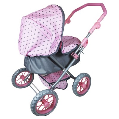 Pink and Gray Polka Dot Baby Doll Pram with Accessories