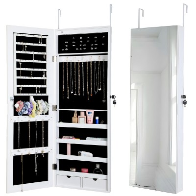 FDW Jewelry Cabinet with Full-Length Mirror Lockable Door and Built-in LED Lighting, White