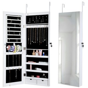 FDW Jewelry Cabinet with Full-Length Mirror Lockable Door and Built-in LED Lighting, White - 1 of 4