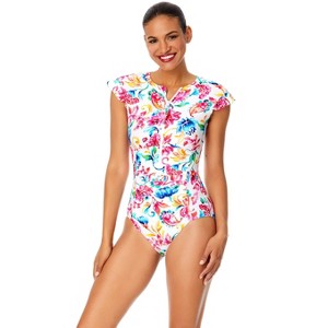 Women's Watercolor Paisley Flutter Sleeve Zip Up Rash Guard One Piece Swimsuit - 1 of 4