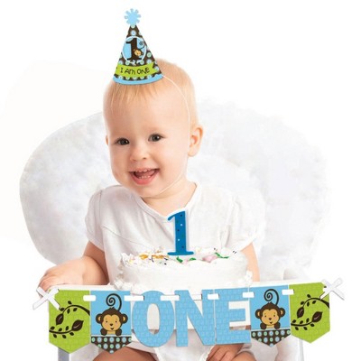 Big Dot of Happiness Blue Monkey Boy 1st Birthday - First Birthday Boy Smash Cake Decorating Kit - High Chair Decorations