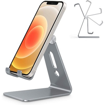 Attop Adjustable Cell Phone Stand, Aluminum Desktop Cellphone Stand with Anti-Slip Base and Convenient Charging Port, Fits All Smart Phones, Silver