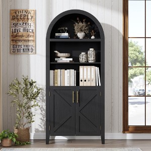 Arched Cabinet Bookshelf Black Arch Bookcase with Doors, Wooden Curved Book Case 5-Tier Tall Round Top Bookshelves for Living Room - 1 of 4