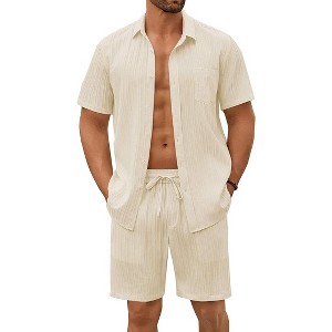 COOFANDY Mens Beach Outfits 2 Piece Sets Casual Short Sleeve Button Down Summer Textured Shirt - 1 of 4