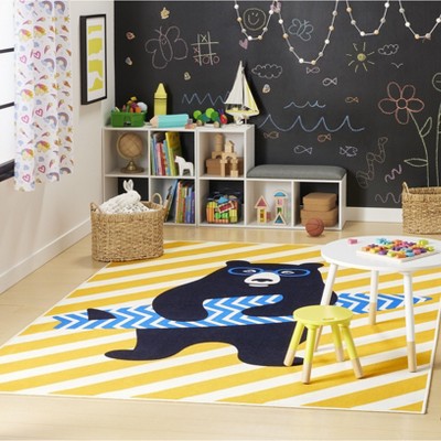 Blue and Gold Striped Kids Washable Synthetic Area Rug 4' x 6'