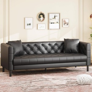 81" Modern Sofa Couches for Living Room, Leather Couch with Handmade Button, 3 Seater Sofa with Deep Seats, Brown Chesterfield Sofa for Apartment - 1 of 4
