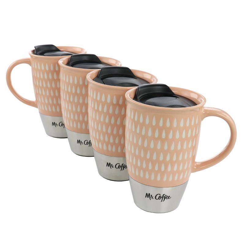 Mr. Coffee Coupleton Teardrop 4 Piece 15 Ounce Stoneware and Stainless Steel Travel Mug Set with Lid in Peach, 1 of 6