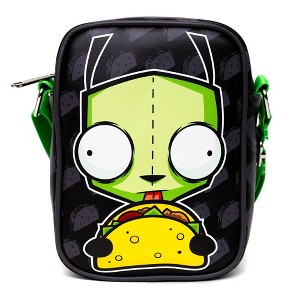 Nickelodeon Bag, Cross Body, Invader Zim GIR Taco Pose With Taco Print Black Gray, Vegan Leather - 1 of 4