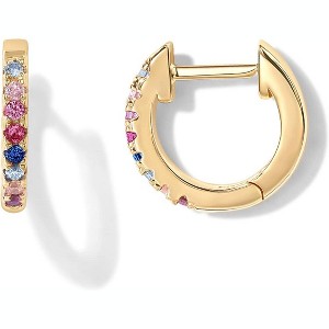 14K Gold Plated Huggie Earrings with Cubic Zirconia & Colored Stones - Sterling Silver Posts, Green/Garnet/Blue/Black/Multicolor Options - 1 of 4