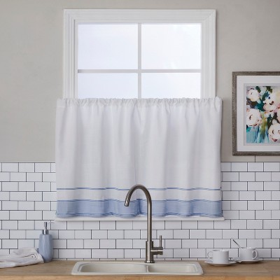 Lightweight Blue and White Polyester Rod Pocket Window Tiers