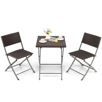 Tangkula 3PCS Patio Bistro Set Folding Wicker Chairs & Table Outdoor Patio Furniture Set