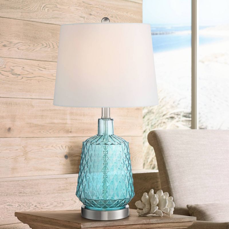 360 Lighting Ronald Modern Coastal Accent Table Lamp 22" High Blue Textured Glass Nickel Pole White Drum Shade for Bedroom Living Room Nightstand, 2 of 8