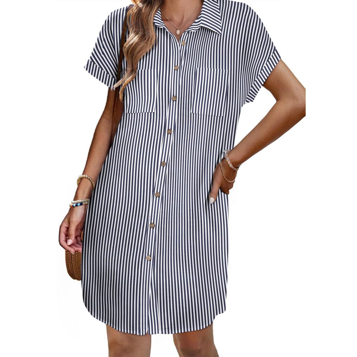 Button Down Shirtsdress for Women Summer 2025 Short Sleeve Shift Dress Striped Shirt Dress Cap Sleeve Mini Casual Sundress with Chest Pocekts - thumbnail 4