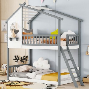 Twin Over Twin Bunk Bed with Roof, Window and Ladder - ModernLuxe - 1 of 4