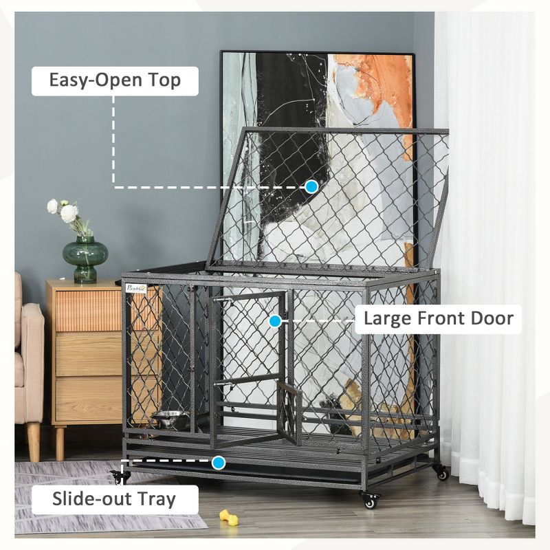 PawHut 42.5" Heavy Duty Dog Crate Metal Kennel and Cage Dog Playpen with Lockable Wheels, Slide-out Tray, Food Bowl and Double Doors, 6 of 8