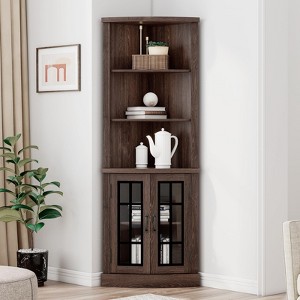 AMERLIFE Curved Corner Storage Cabinet, 65" Tall Freestanding Bookcase with Glass Doors, Espresso - 1 of 2