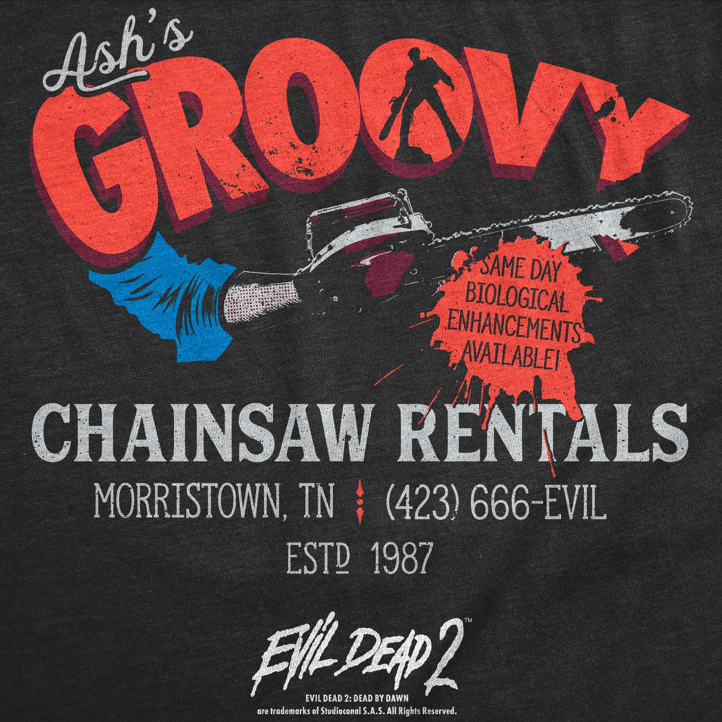 Мужская футболка Crazy Dog T-Shirts, Inc. T Shirts Ashs Groovy Chainsaw Rentals Evil Dead Movie Tee For Men, цвет: Чёрный — фото 2
