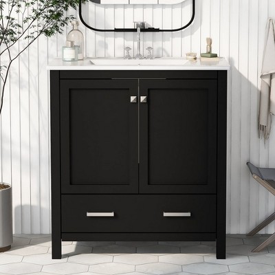 30" Bathroom Vanity Set With Drop In Sink, 2 Doors, 1 Drawer, Waterproof Paint Solid Wood Frame Bathroom Storage Cabinet