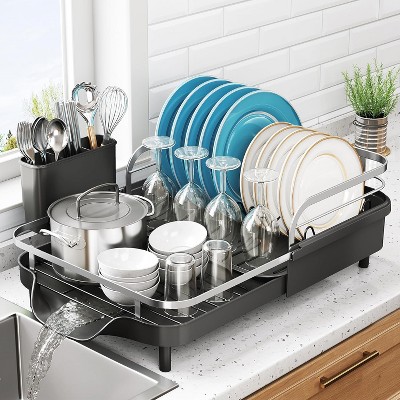 Attop Dish Drying Rack, Expandable Dish Rack for Kitchen Counter, Stainless Steel Dish Drainer with Drainboard Set