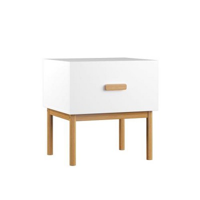 LIVAREEmlen Modern White Nightstand with Drawer and Wood Legs, Minimalist Bedside Table with Handle for Bedroom, Living Room, Apartment