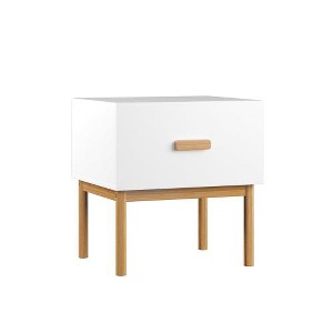 LIVAREEmlen Modern White Nightstand with Drawer and Wood Legs, Minimalist Bedside Table with Handle for Bedroom, Living Room, Apartment - 1 of 4