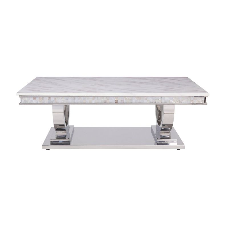 51&#34; Zander Coffee Table White Printed Faux Marble/Mirrored Silver Finish - Acme Furniture, 3 of 6