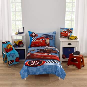 Disney Cars Radiator Springs White, Blue, and Red Lightning McQueen and Tow-Mater 4 Piece Toddler Bed Set