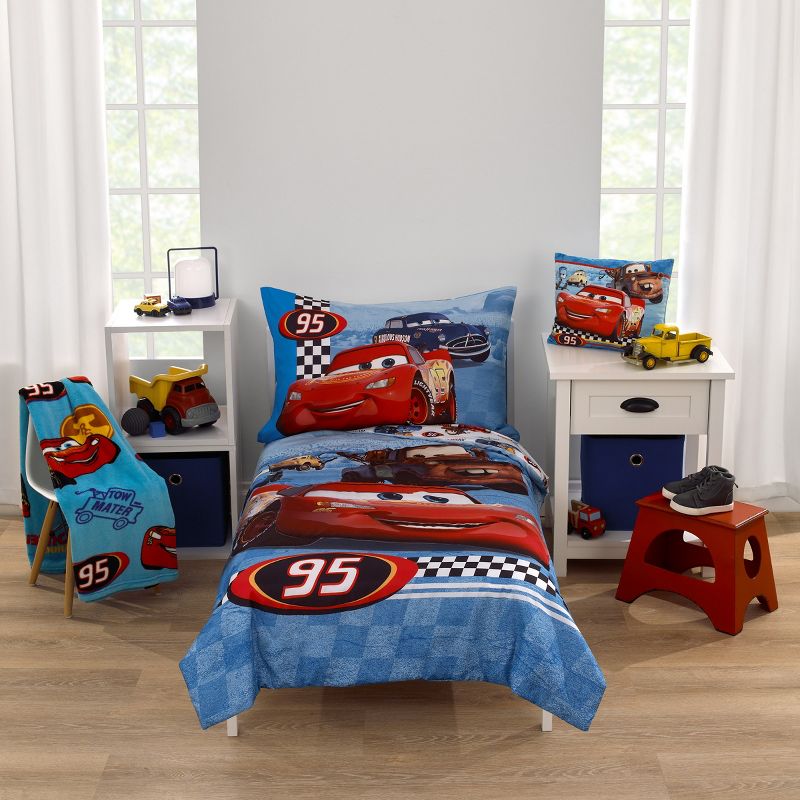 Disney Cars Radiator Springs White, Blue, and Red Lightning McQueen and Tow-Mater 4 Piece Toddler Bed Set, 1 of 7
