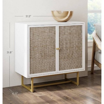 White and Natural Rattan Freestanding Cabinet with Adjustable Shelving
