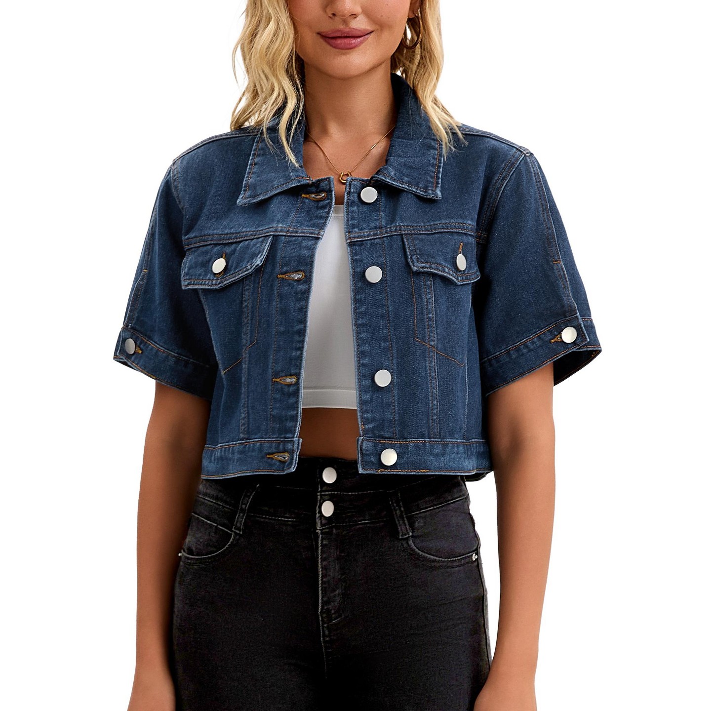 Женская куртка INSPIRE CHIC Short Sleeve Button Up Frayed Washed Denim Jacket Dark Blue Large, цвет: Потёртый джинсовый — фото 1