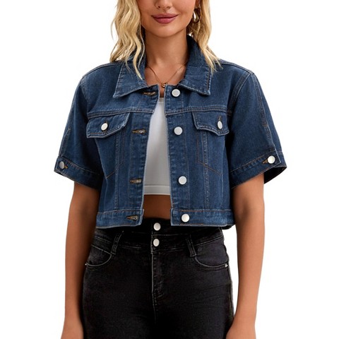 Женская куртка INSPIRE CHIC Short Sleeve Button Up Frayed Washed Denim Jacket Dark Blue Large, цвет: Потёртый джинсовый
