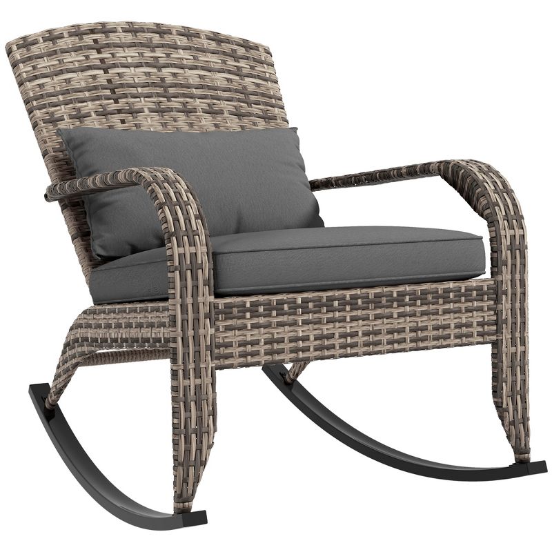 Outsunny Outdoor Wicker Adirondack Rocking Chair, Patio Rattan Rocker Chair with High Back, Seat Cushion and Pillow for Porch, Balcony, 1 of 7
