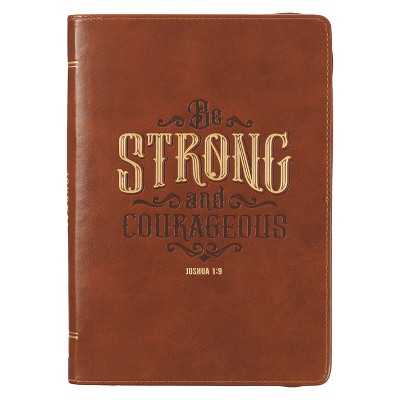 Christian Art Gifts Scripture Journal Brown Be Strong Joshua 1:9 Bible Verse Inspirational Faux Leather Notebook, Zipper Closure, 336 Ruled Pages,
