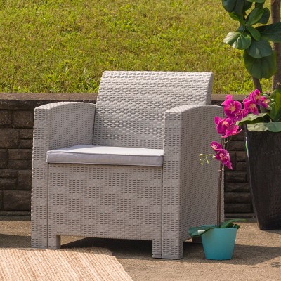 Contemporary Patio Armchair with Light Gray Cushions and Plastic Feet